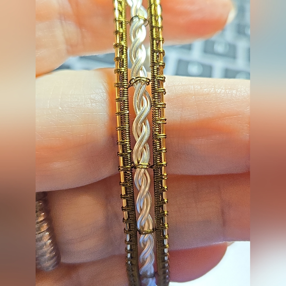 HAND CRAFTED Mixed-Metal Bangle: Silver Celtic Twist with Gold & Bronze Accents